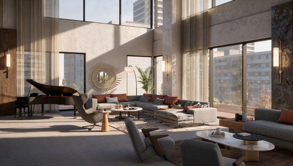 A double-height living room